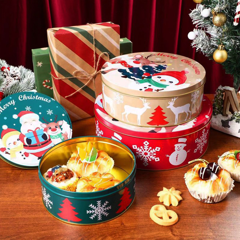 Weihnachtsgeschenkschachtel dreiteiliger Rundkasten Cookie Verpackungsbox Weihnachtsplatz Hersteller benutzerdefinierter Blechschachtel
